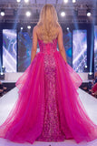 Vestido largo de concurso de sirena con corsé brillante fucsia brillante Sweetheart transparente