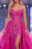 Vestido largo de concurso de sirena con corsé brillante fucsia brillante Sweetheart transparente