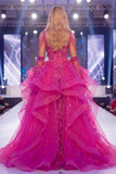 Vestido largo de certamen sirena transparente en fucsia fucsia brillante con faja