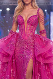 Vestido largo de certamen sirena transparente en fucsia fucsia brillante con faja