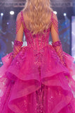 Vestido largo de certamen sirena transparente en fucsia fucsia brillante con faja