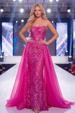 Vestido largo de concurso de sirena sin tirantes fucsia brillante con banda
