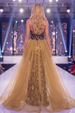 Vestido largo de concurso con fajilla y fajilla de sirena dorada brillante
