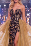 Vestido largo de concurso con fajilla y fajilla de sirena dorada brillante