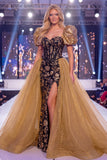 Vestido largo de concurso de sirenas negras doradas brillantes
