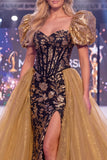 Vestido largo de concurso de sirenas negras doradas brillantes
