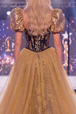 Vestido largo de concurso de sirenas negras doradas brillantes