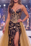 Vestido largo de concurso con faja de sirena dorada brillante y brillante