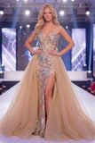 Vestido largo de concurso largo con corsé transparente sirena de champán brillante