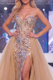Vestido largo de concurso largo con corsé transparente sirena de champán brillante