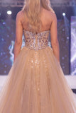 Vestido largo de concurso largo con corsé transparente sirena de champán brillante