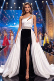 Vestido largo de certamen de sirena blanco y negro, un hombro fruncido y cuentas