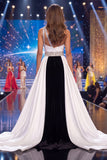 Vestido largo de certamen de sirena blanco y negro, un hombro fruncido y cuentas