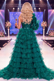 Vestido de concurso de belleza verde oscuro de lentejuelas de un solo hombro con faja