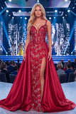 Vestido largo de concurso con corsé burdeos sirena y banda