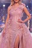 Vestido largo de concurso largo de corsé de sirena de un hombro con cuarta larga floral y faja