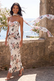 Vestido floral largo fruncido de sirena marfil con abertura