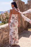 Vestido floral largo fruncido de sirena marfil con abertura