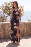 Vestido Maxi Floral Maxi de Sirena Negra con escote halter y abertura