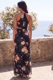 Vestido Maxi Floral Maxi de Sirena Negra con escote halter y abertura
