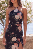 Vestido Maxi Floral Maxi de Sirena Negra con escote halter y abertura