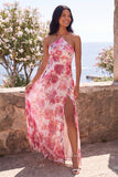 Vestido largo largo floral rosa de gasa de gasa con escote halter y abertura