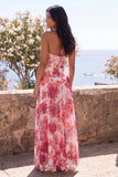 Vestido largo largo floral rosa de gasa de gasa con escote halter y abertura