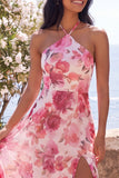 Vestido largo largo floral rosa de gasa de gasa con escote halter y abertura