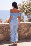 Vestido Maxi Azul Bodycon Con Espaldas Con Textura Corporal Con Aplicaciones Florales