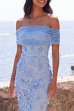 Vestido Maxi Azul Bodycon Con Espaldas Con Textura Corporal Con Aplicaciones Florales