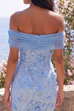 Vestido Maxi Azul Bodycon Con Espaldas Con Textura Corporal Con Aplicaciones Florales