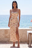 Vestido floral midi con tirantes de sirena de champán brillante con tirantes finos