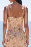 Vestido floral midi con tirantes de sirena de champán brillante con tirantes finos