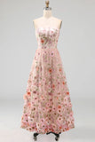 Vestido midi midi bordado sin tirantes rosa A-Line