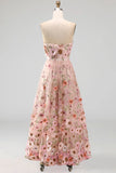 Vestido midi midi bordado sin tirantes rosa A-Line