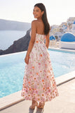 Vestido midi midi bordado sin tirantes rosa A-Line