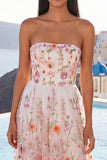 Vestido midi midi bordado sin tirantes rosa A-Line