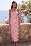 Vestido Rosa Brillante de Lentejuelas Bodycon Sin Tirantes con Abertura