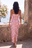 Vestido Rosa Brillante de Lentejuelas Bodycon Sin Tirantes con Abertura