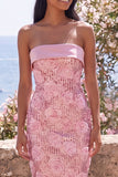 Vestido Rosa Brillante de Lentejuelas Bodycon Sin Tirantes con Abertura