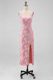 Vestido midi floral midi con cuello cuadrado de cuello rosa Bodycon lentejuelas