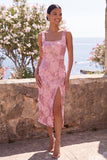 Vestido midi floral midi con cuello cuadrado de cuello rosa Bodycon lentejuelas