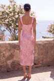 Vestido midi floral midi con cuello cuadrado de cuello rosa Bodycon lentejuelas