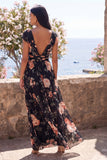 Vestido floral maxi de chiffon negro en línea A con escote en V y manga alta