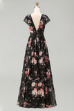 Vestido floral maxi de chiffon negro en línea A con escote en V y manga alta
