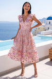 Vestido midi floral bordado en V rosa A-line con volantes