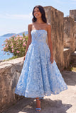 Vestido midi floral sin tirantes sin tirantes en línea A transparente con aplíquos