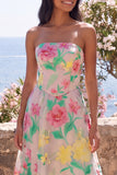 Vestido Midi sin tirantes en línea A de flor rosa Narciso