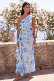 Vestido largo de sirena de un hombro con flor azul y volantes