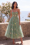 Corsé Dusty Sage A-Line Tul transparente con corsé midi bordado con flores